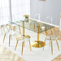 Table and chair set.71 inch x 35.4-inch tempered glass table,Paired with 6 Transparent Plastic Chairs with Golden Metal Legs.Bring a comfortable home experience.