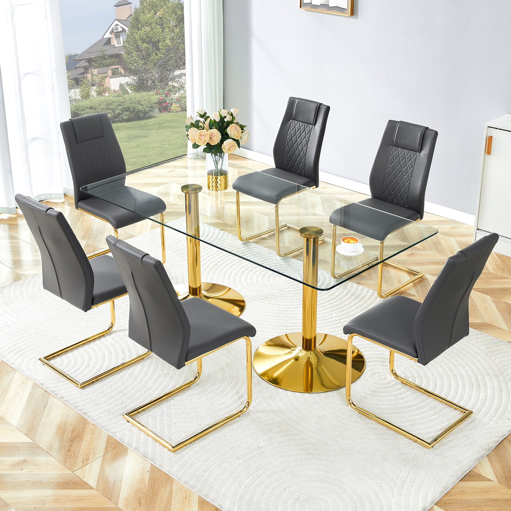 Dining Room 6 Seater Glass Dining Table with Gold Metal Legs and PU Leather Chairs