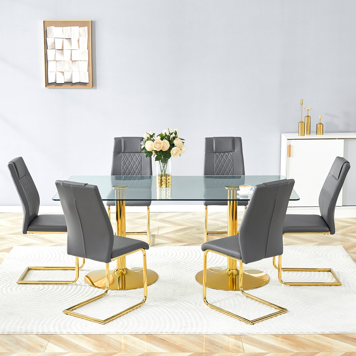 Dining Room 6 Seater Glass Dining Table with Gold Metal Legs and PU Leather Chairs