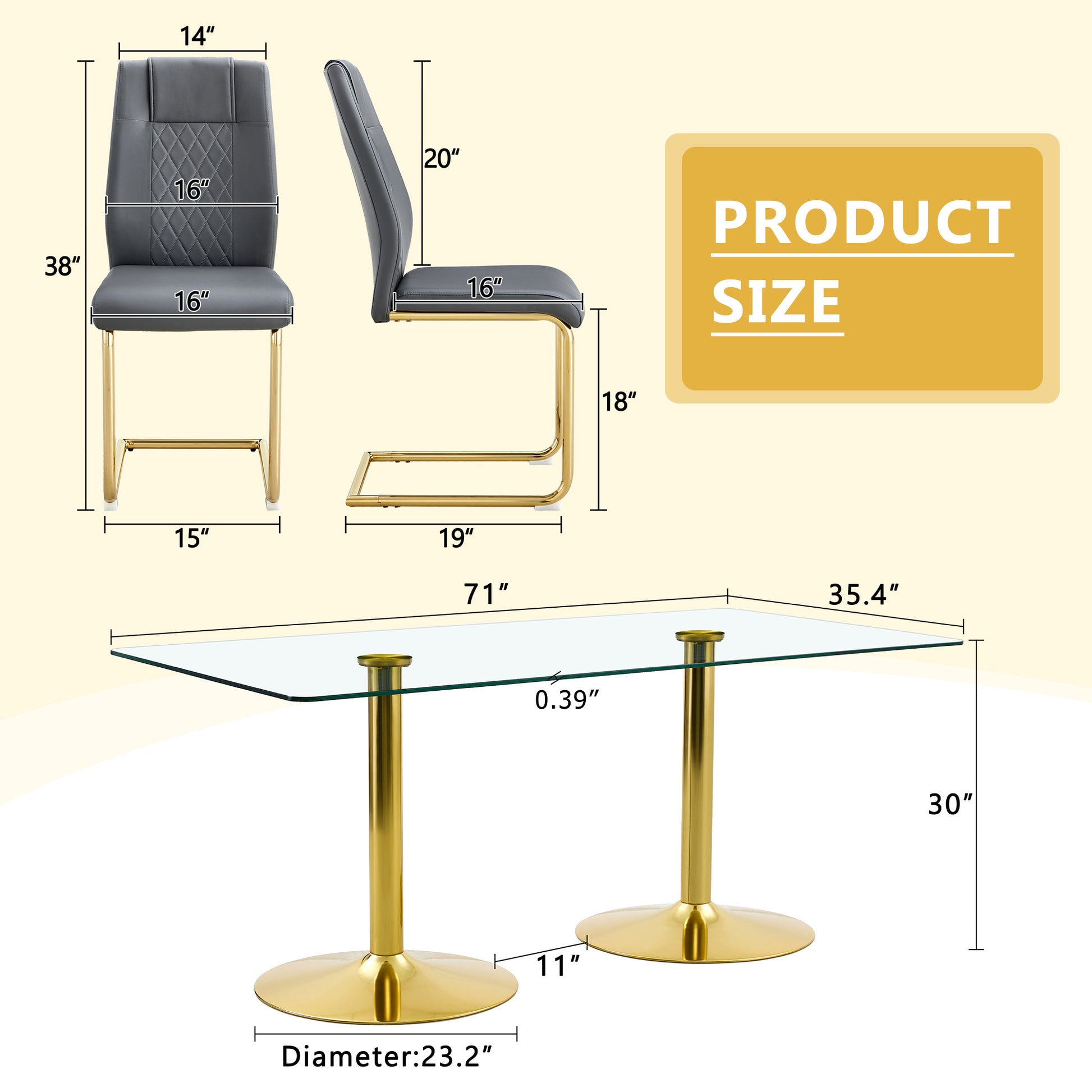 Dining Room 6 Seater Glass Dining Table with Gold Metal Legs and PU Leather Chairs