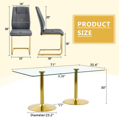 Dining Room 6 Seater Glass Dining Table with Gold Metal Legs and PU Leather Chairs