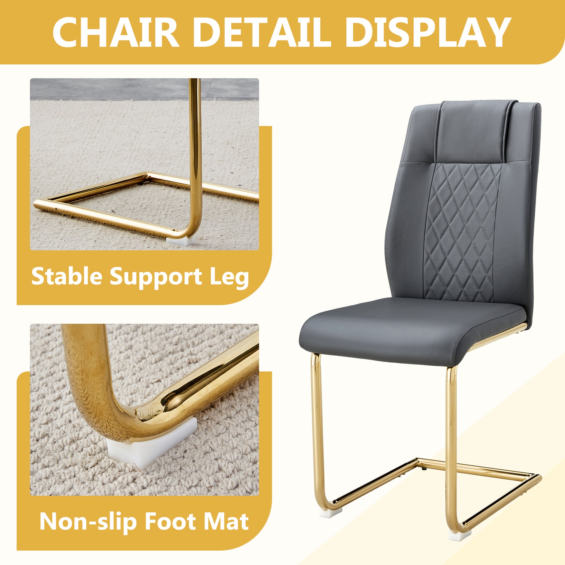 Dining Room 6 Seater Glass Dining Table with Gold Metal Legs and PU Leather Chairs