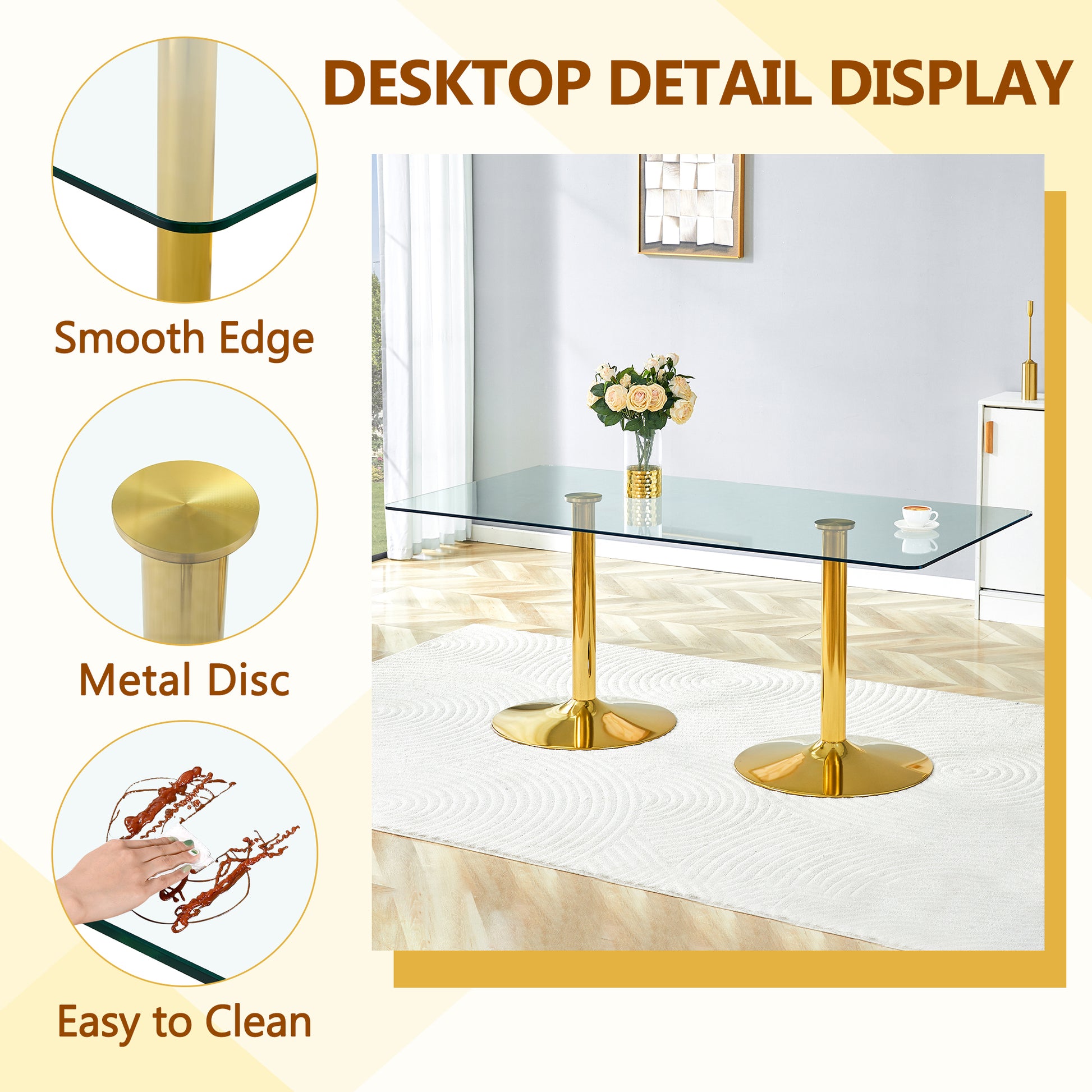 Dining Room 6 Seater Glass Dining Table with Gold Metal Legs and PU Leather Chairs