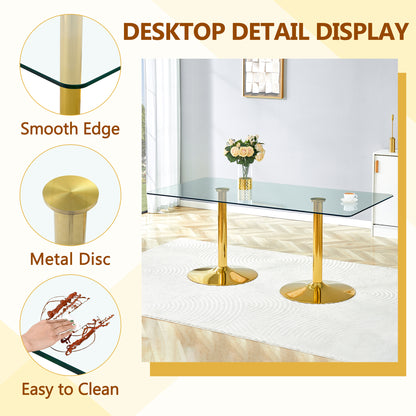 Dining Room 6 Seater Glass Dining Table with Gold Metal Legs and PU Leather Chairs