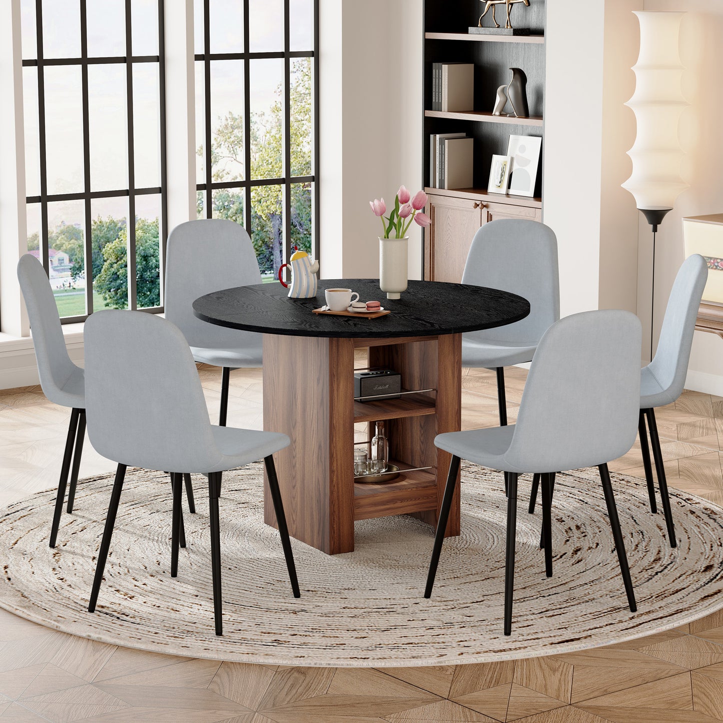 Round Dining Table Set - 42" Black MDF with Storage Chairs