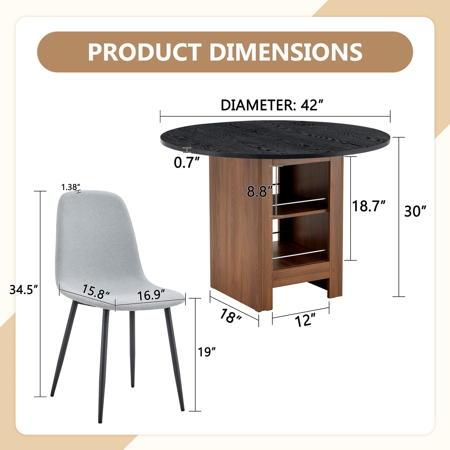Round Dining Table Set - 42" Black MDF with Storage Chairs