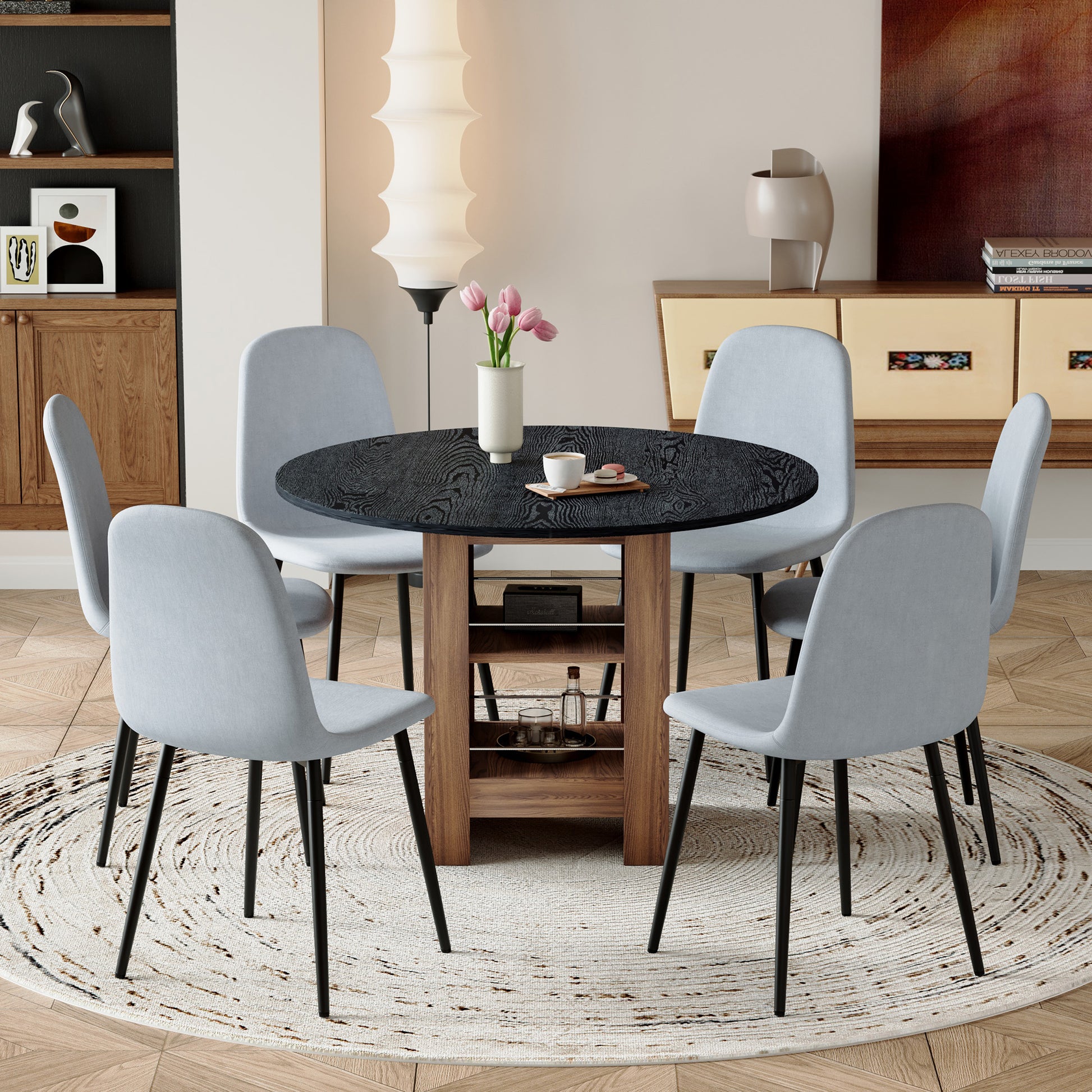 Table and chair set. 42 inch round MDF black dining table with double-layer storage shelves, stable frame. Paired with 6 Light Gray Linen-Cotton Material High Resilience Dining Chair with Metal Leg.