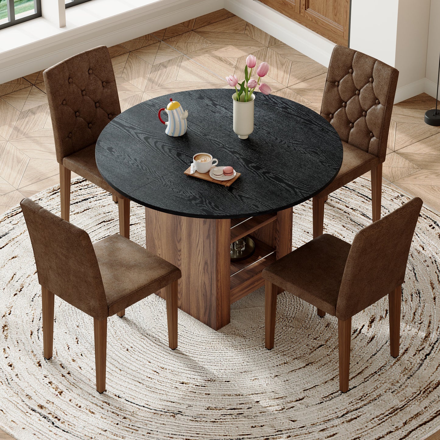 Table and chair set. 42 inch round MDF black dining table with double-layer storage shelves. Paired with 4 Brown Suede Fabric Chairs: Features a decorative button-tufted backrest,walnut metal legs.
