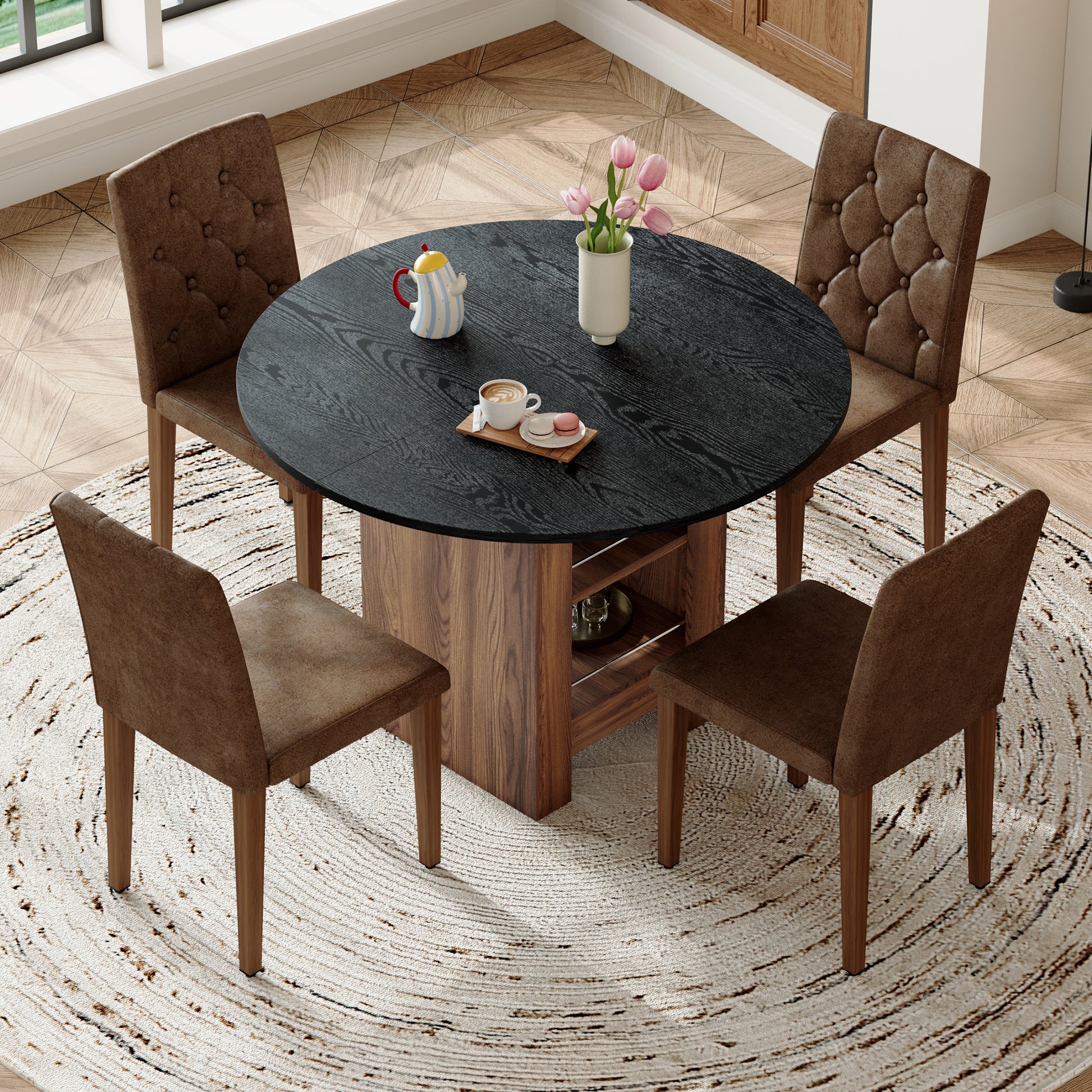 Table and chair set. 42 inch round MDF black dining table with double-layer storage shelves. Paired with 4 Brown Suede Fabric Chairs: Features a decorative button-tufted backrest,walnut metal legs.