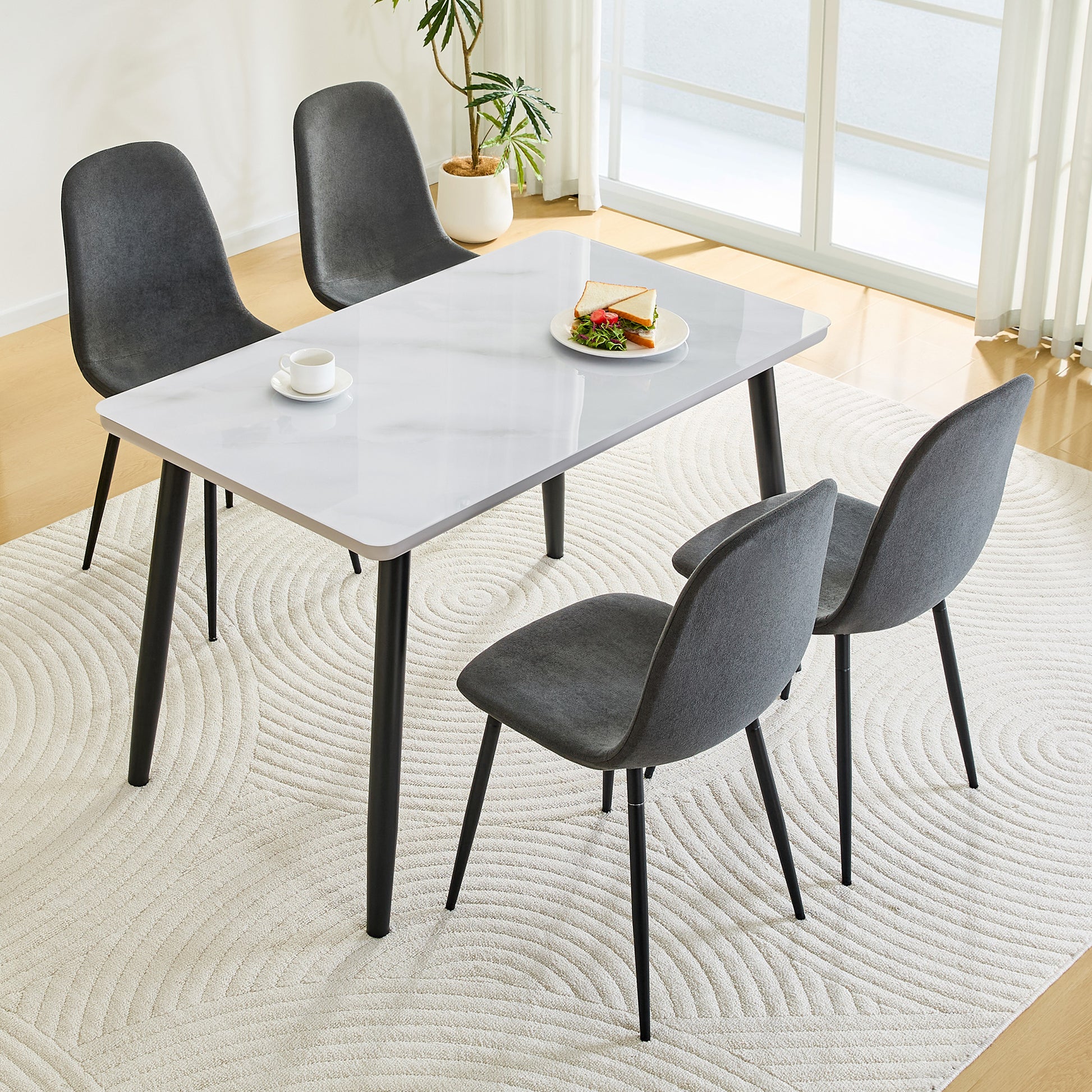 Dark Gray Dining Table Set - 4 Seats MDF Glass Tabletop