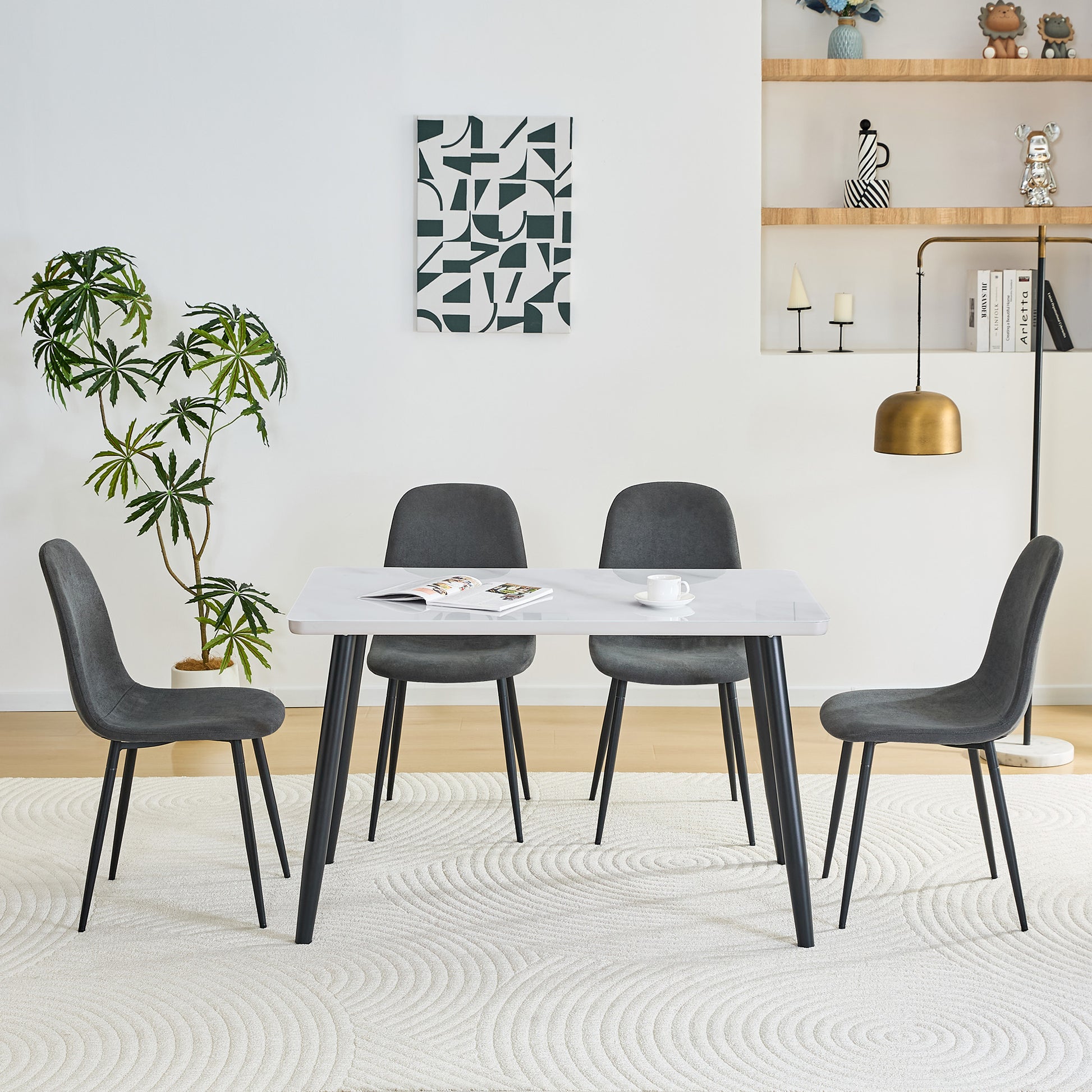Dark Gray Dining Table Set - 4 Seats MDF Glass Tabletop