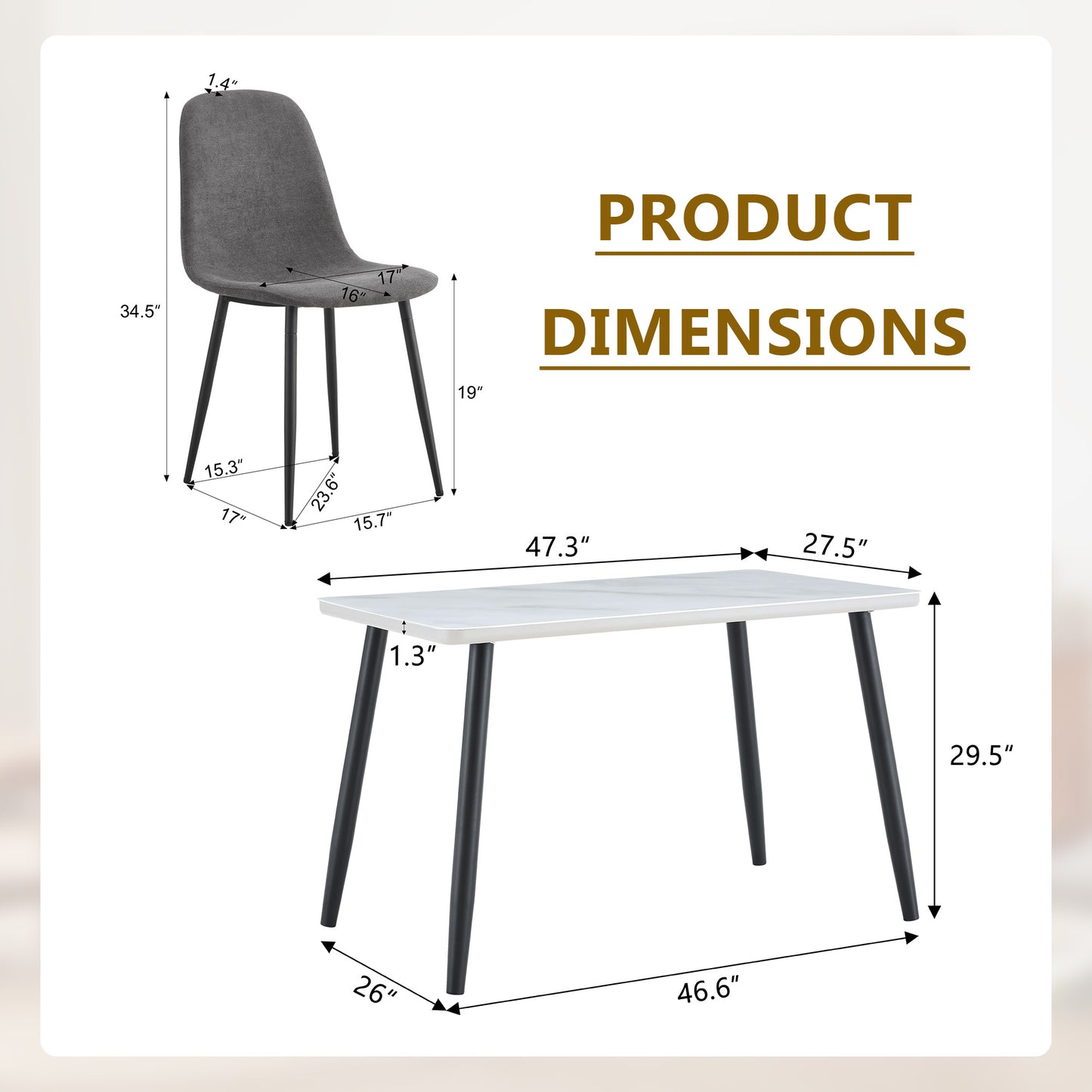 Dark Gray Dining Table Set - 4 Seats MDF Glass Tabletop