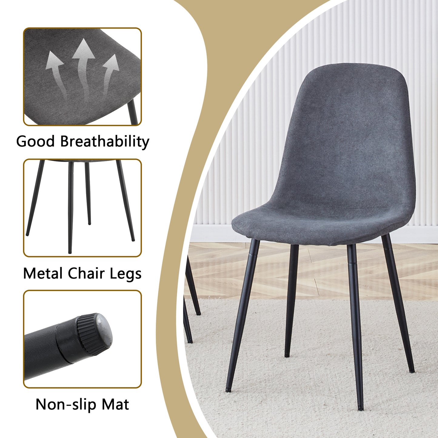 Dark Gray Dining Table Set - 4 Seats MDF Glass Tabletop