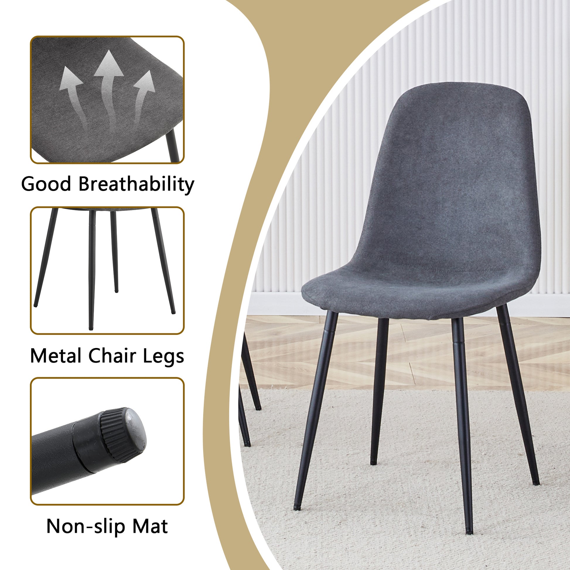 Dark Gray Dining Table Set - 4 Seats MDF Glass Tabletop