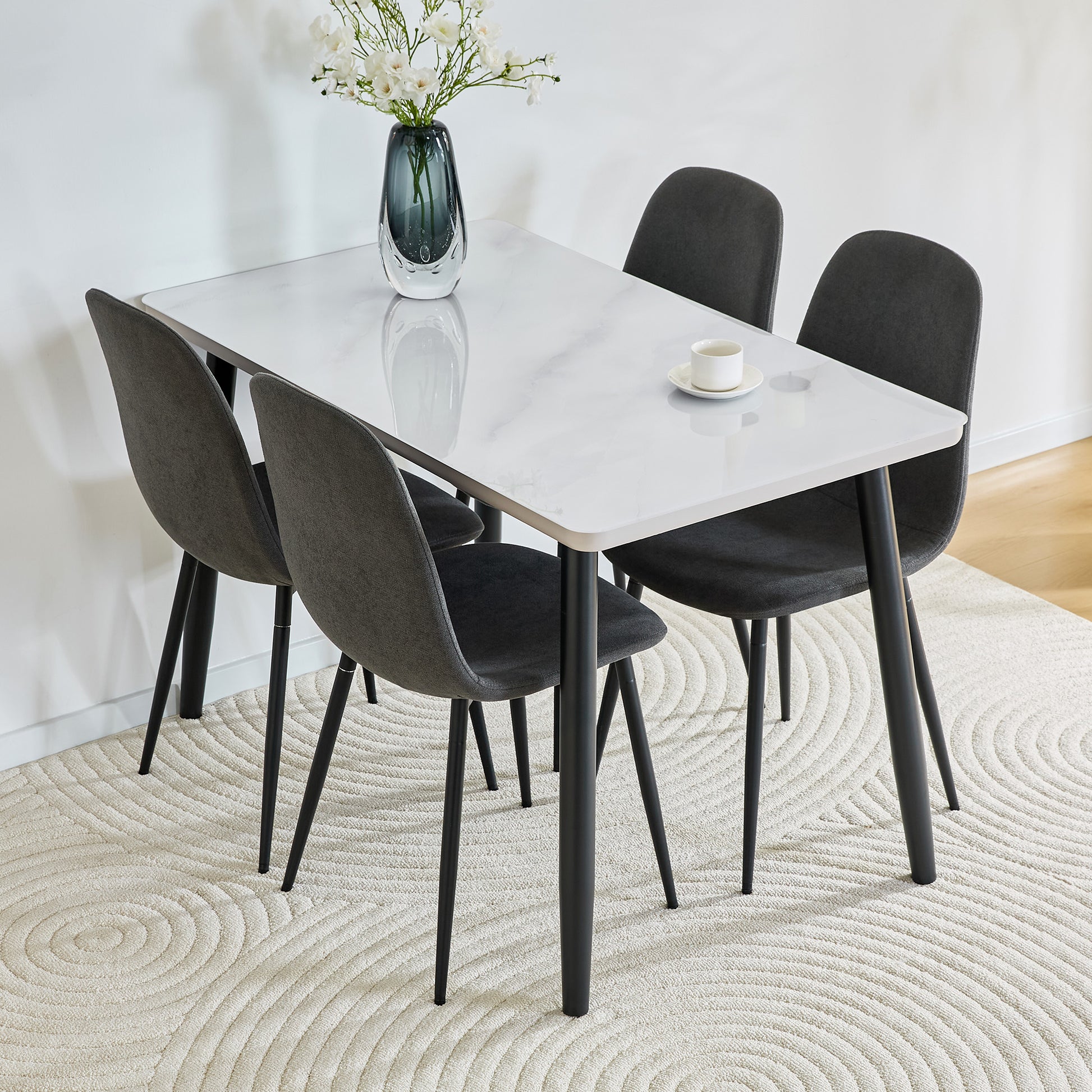 Table and Chair Set.Modern rectangular dining table, suitable for 4-6 people. White Tempered glass countertop+lower MDF board.Paired with 4 Dark Gray Linen-Cotton Material Dining Chair with Metal Leg.
