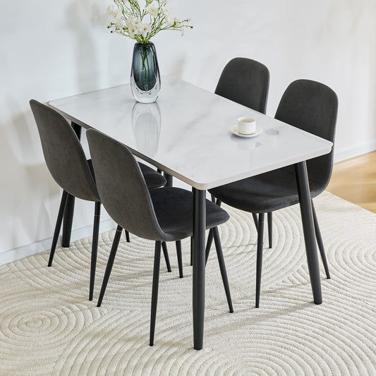 Table and Chair Set.Modern rectangular dining table, suitable for 4-6 people. White Tempered glass countertop+lower MDF board.Paired with 4 Dark Gray Linen-Cotton Material Dining Chair with Metal Leg.