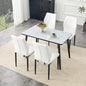 Table and Chair Set.Modern dining table. White imitation marble texture glass top + lower black MDF board,black metal legs.Paired with 4 White Dining Chairs, 37 inches High, Ergonomic PU Backrest.