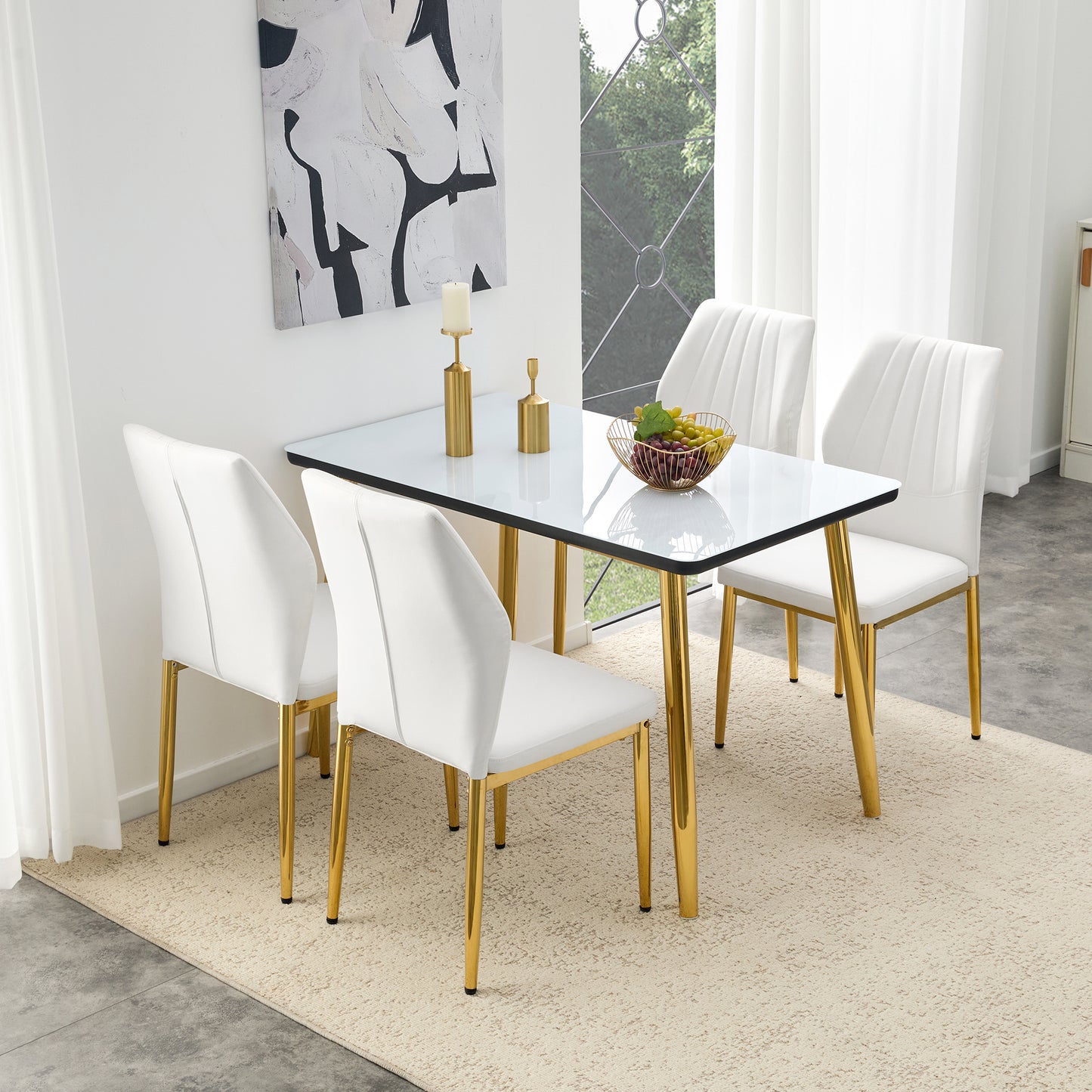 Table and chair set.White imitation marble texture glass top + lower black MDF board,golden metal tapered legs.Paired with 4 White PU Chairs with golden legs. 37 inches High: Ergonomic PU Backrest .