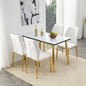 Table and chair set.White imitation marble texture glass top + lower black MDF board,golden metal tapered legs.Paired with 4 White PU Chairs with golden legs. 37 inches High: Ergonomic PU Backrest .
