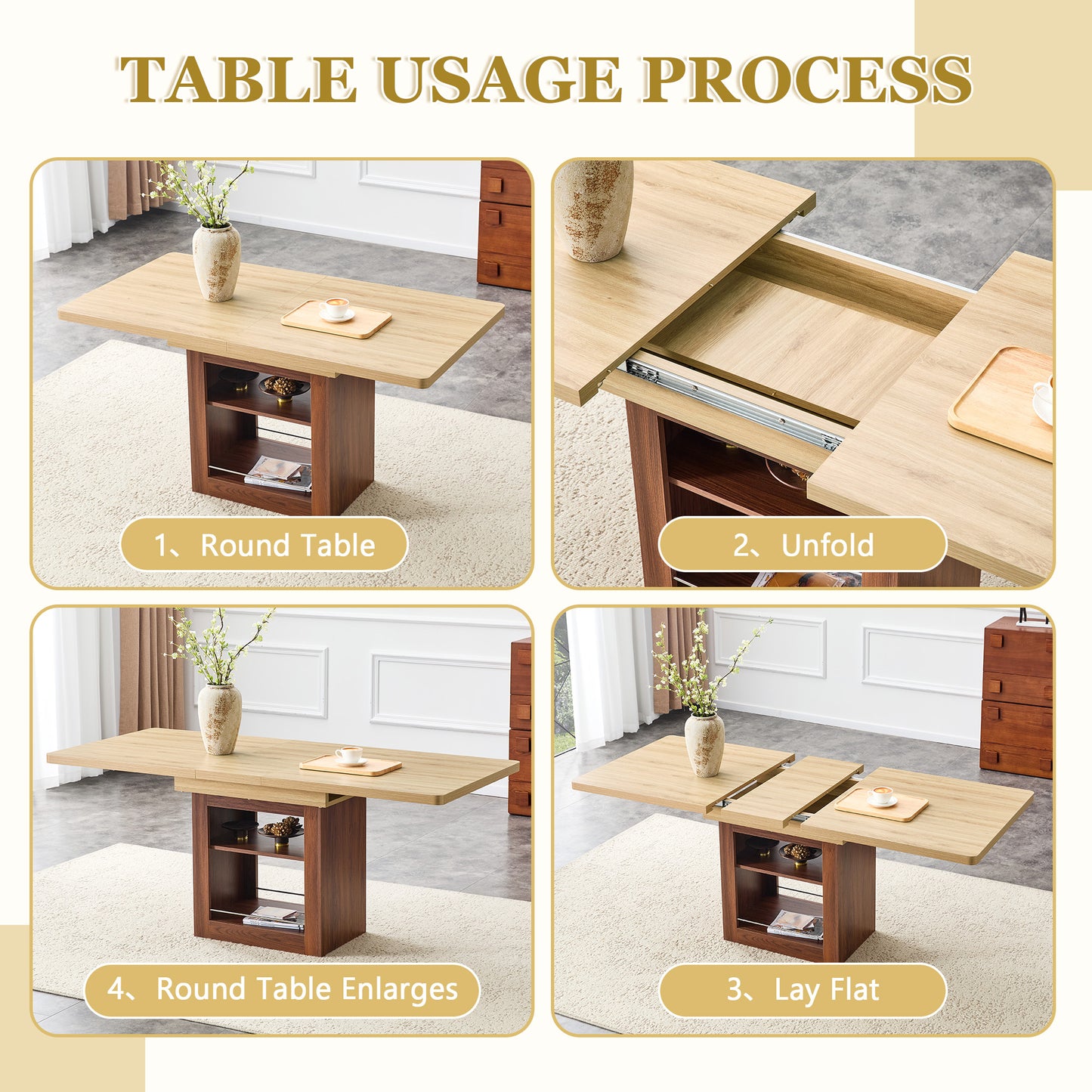 Telescopic Dining Table with Storage for Kitchen and Dining Rooms