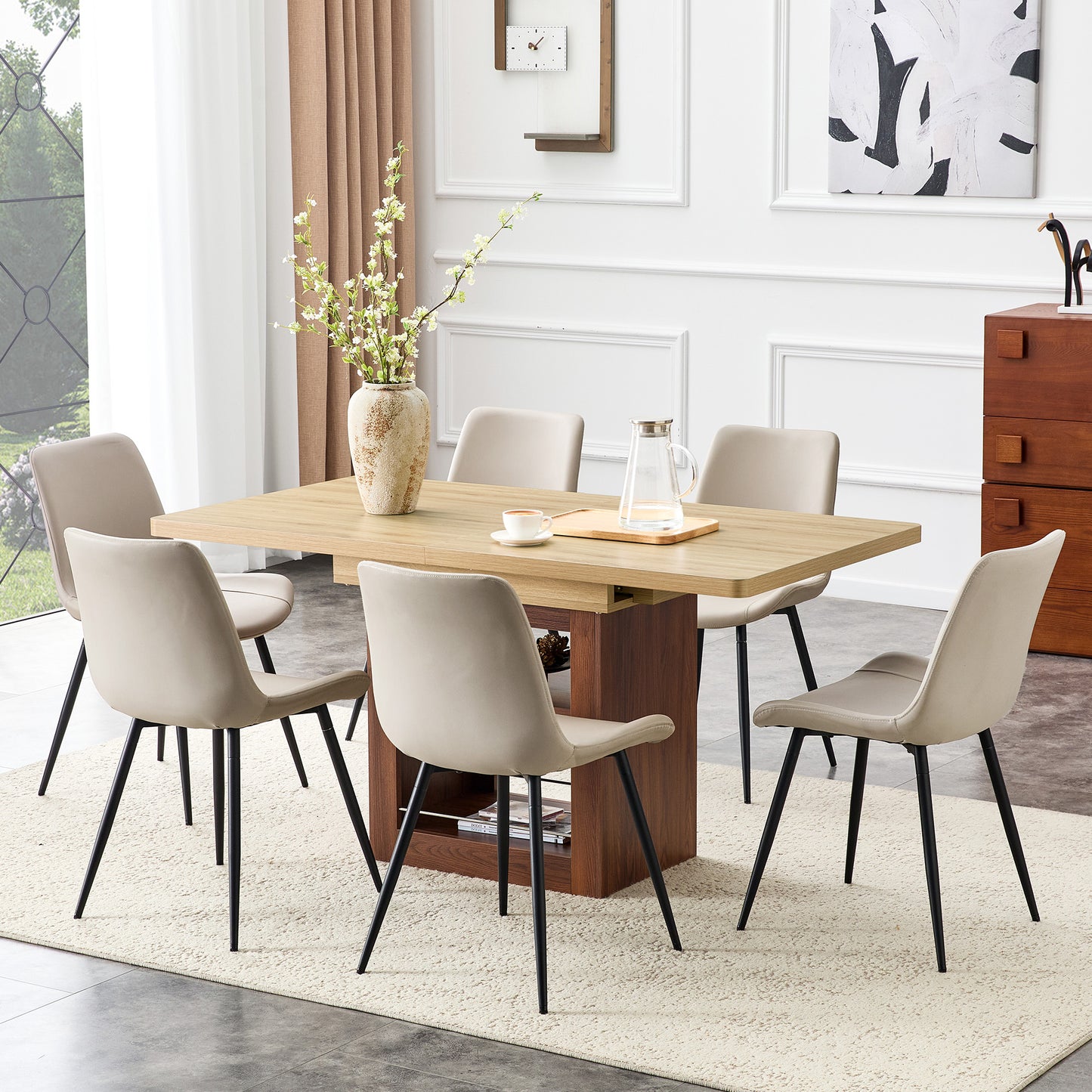 Scalable dining table and chair set, 59-71 inch pull-out table,6-piece set of Warm Gray Artificial PU Chairs With Curved Widened Cushion Design. Suitable for dining rooms,office,etc.
