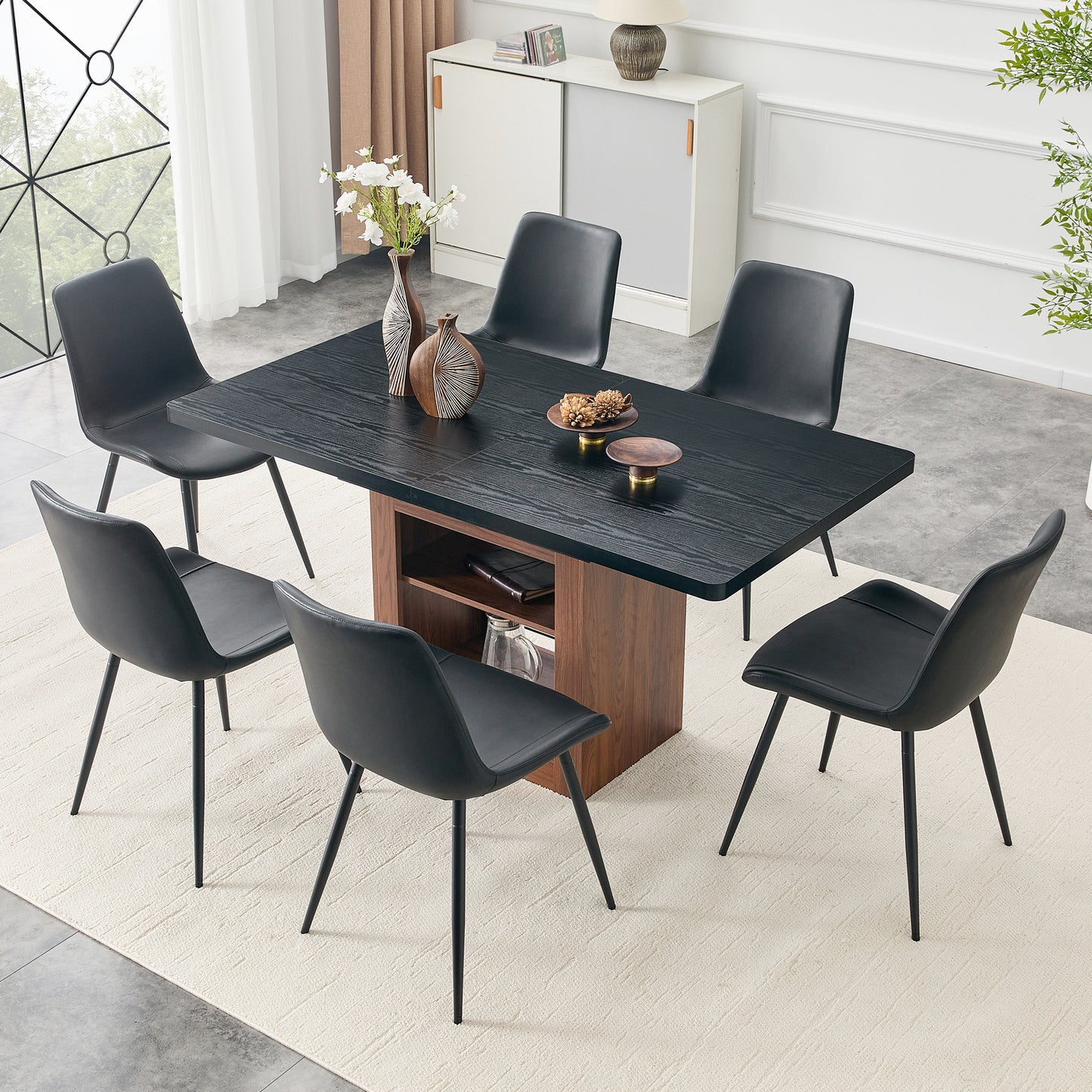 Expandable Dining table and chair set, 59-71 inch pull-out table,Paired With 6 Black Artificial PU Chairs With Curved Widened Cushion Design. Suitable for dining rooms,office,etc.