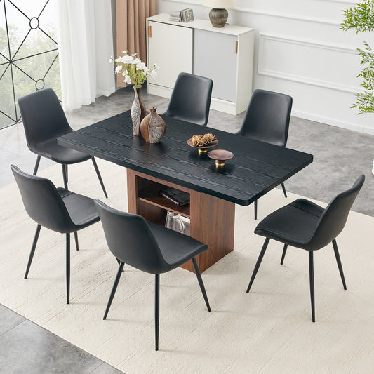 Expandable Dining table and chair set, 59-71 inch pull-out table,Paired With 6 Black Artificial PU Chairs With Curved Widened Cushion Design. Suitable for dining rooms,office,etc.