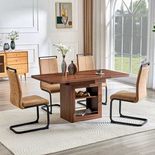Expandable Dining table and chair set, 59-71 inch pull-out MDF table.Walnut MDF table.Paired With 4 Technology-Fabric Brown Chairs With Black Sturdy Metal Legs. Suitable for kitchen,Dining room,etc.
