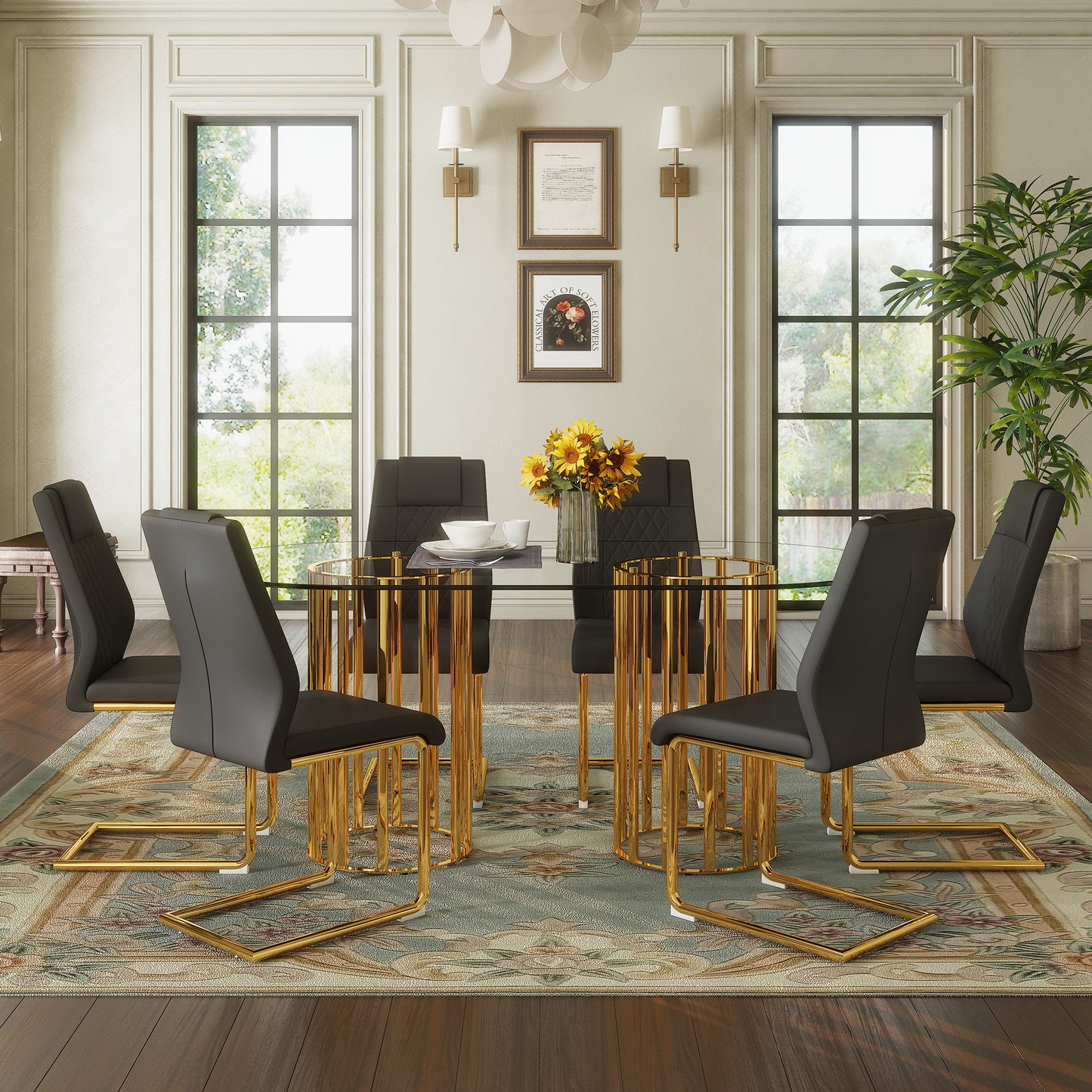 6 Person Black Gold Glass Dining Table Set