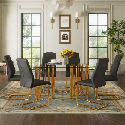 6 Person Black Gold Glass Dining Table Set
