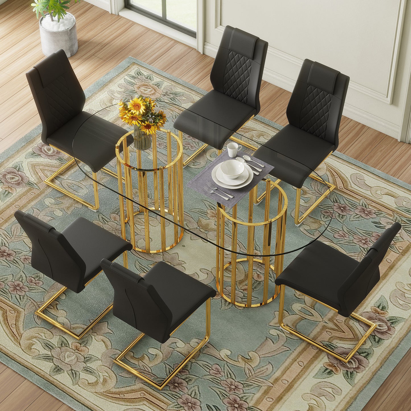 6 Person Black Gold Glass Dining Table Set