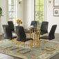 Table and chair set.71 inch oval tempered glass dining table, gold double column light luxury style,Black High-quality PU Chairs With Golden Arched Metal Legs, Modern Table & 6 Seater Furniture Set.