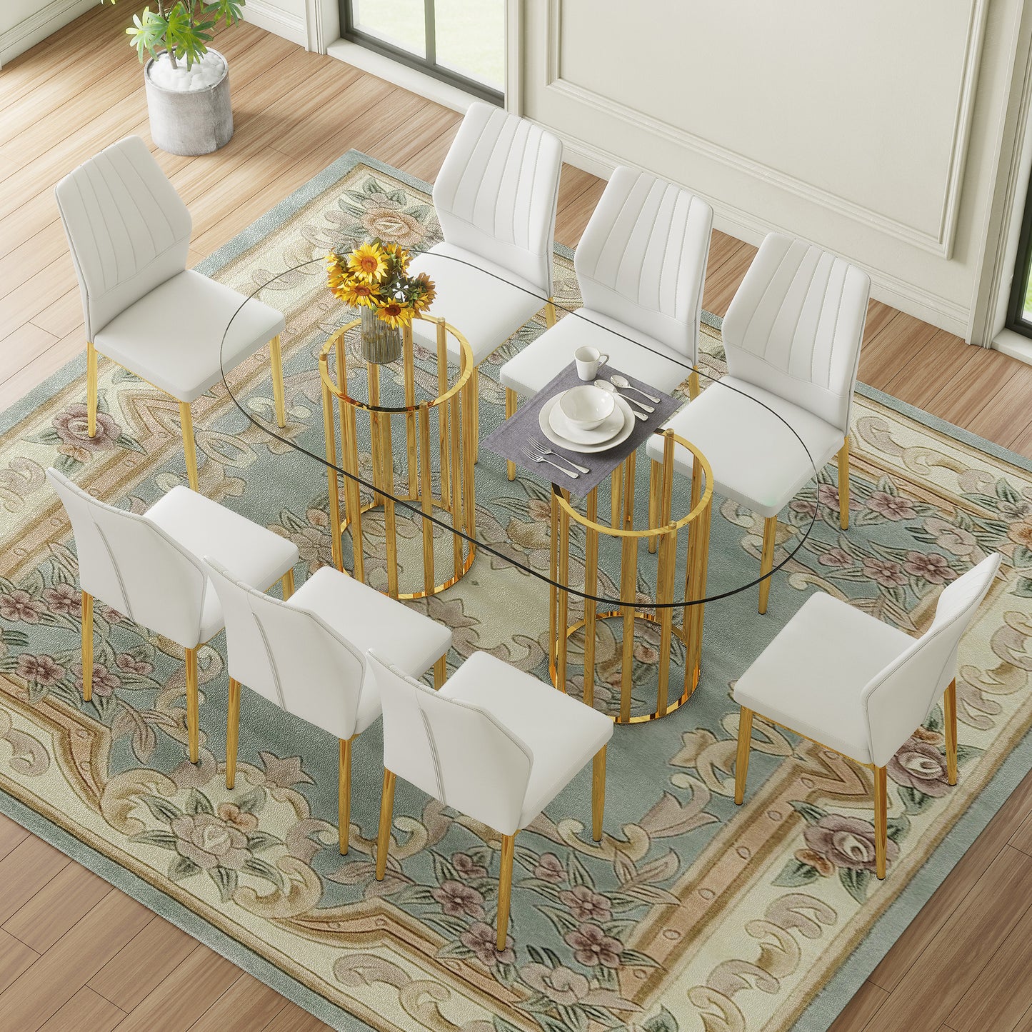 Table and chair set.71 inch oval tempered glass dining table,gold double column light luxury style. Paired with 8 White PU Chairs with golden legs. 37 inches High: Ergonomic PU Backrest .