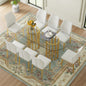 Table and chair set.71 inch oval tempered glass dining table,gold double column light luxury style. Paired with 8 White PU Chairs with golden legs. 37 inches High: Ergonomic PU Backrest .