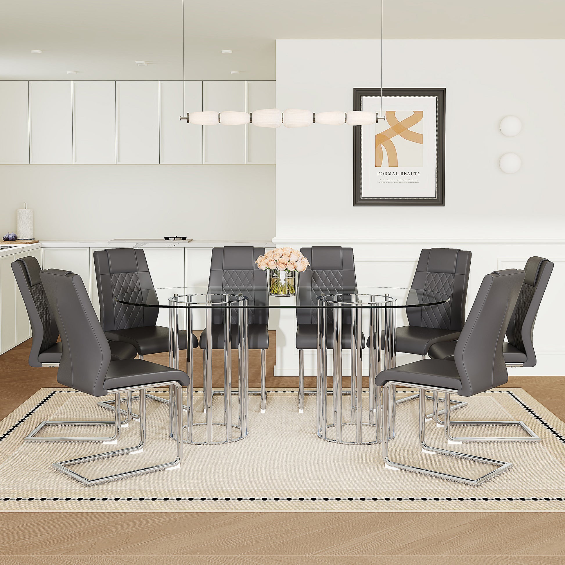 Table and chair set.71 inch oval tempered glass dining table, silver double column light luxury style,Dark Gray PU Chairs With Silver Arched Metal Legs, Modern Table & 8 Seater Furniture Set.