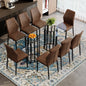 Table and chair set.71 inch oval tempered glass dining table,black double column light luxury style.Paired With 8 Comfortable Technology-Fabric Brown Chairs With Black Metal Legs.