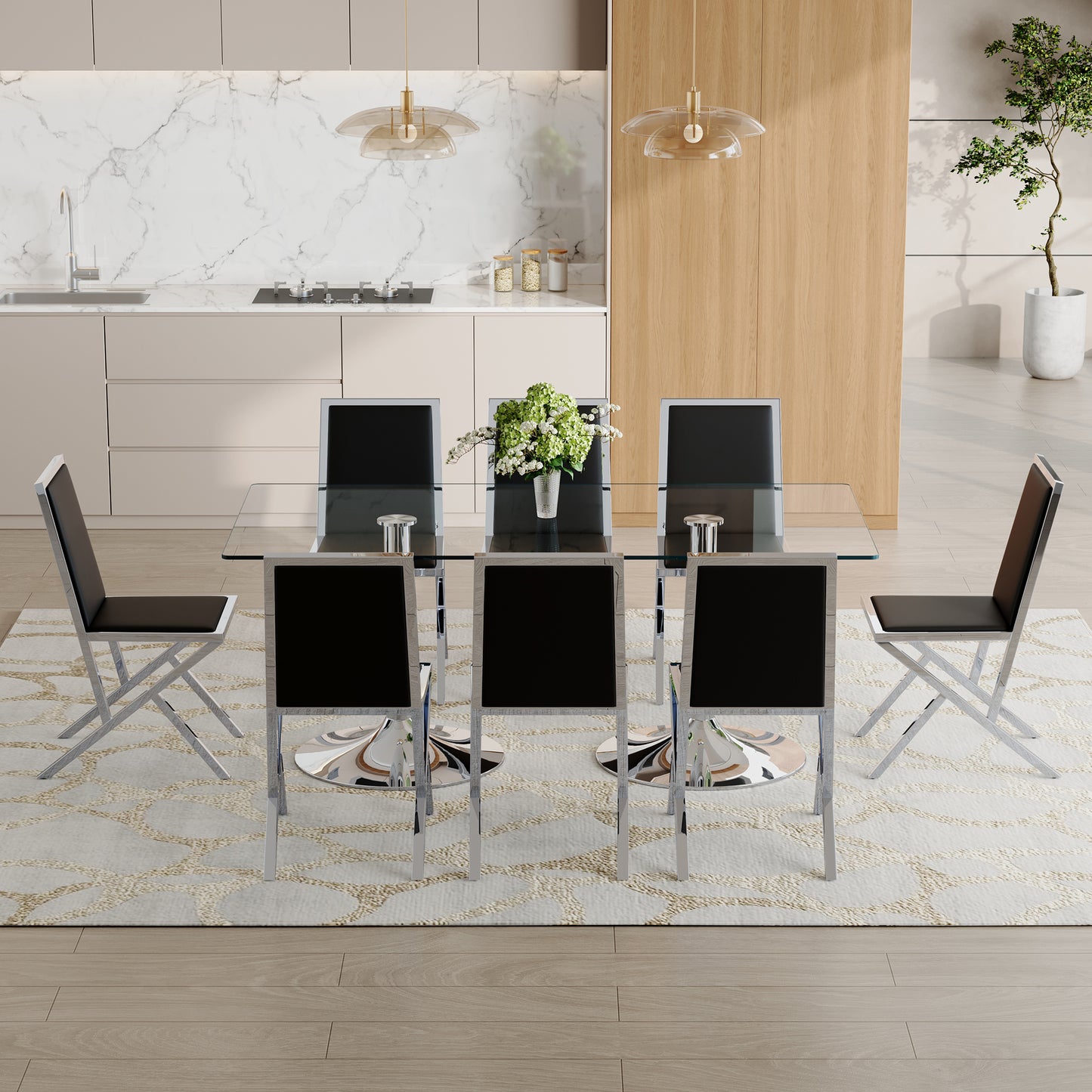 8 Person Glass Dining Table Set Black Silver