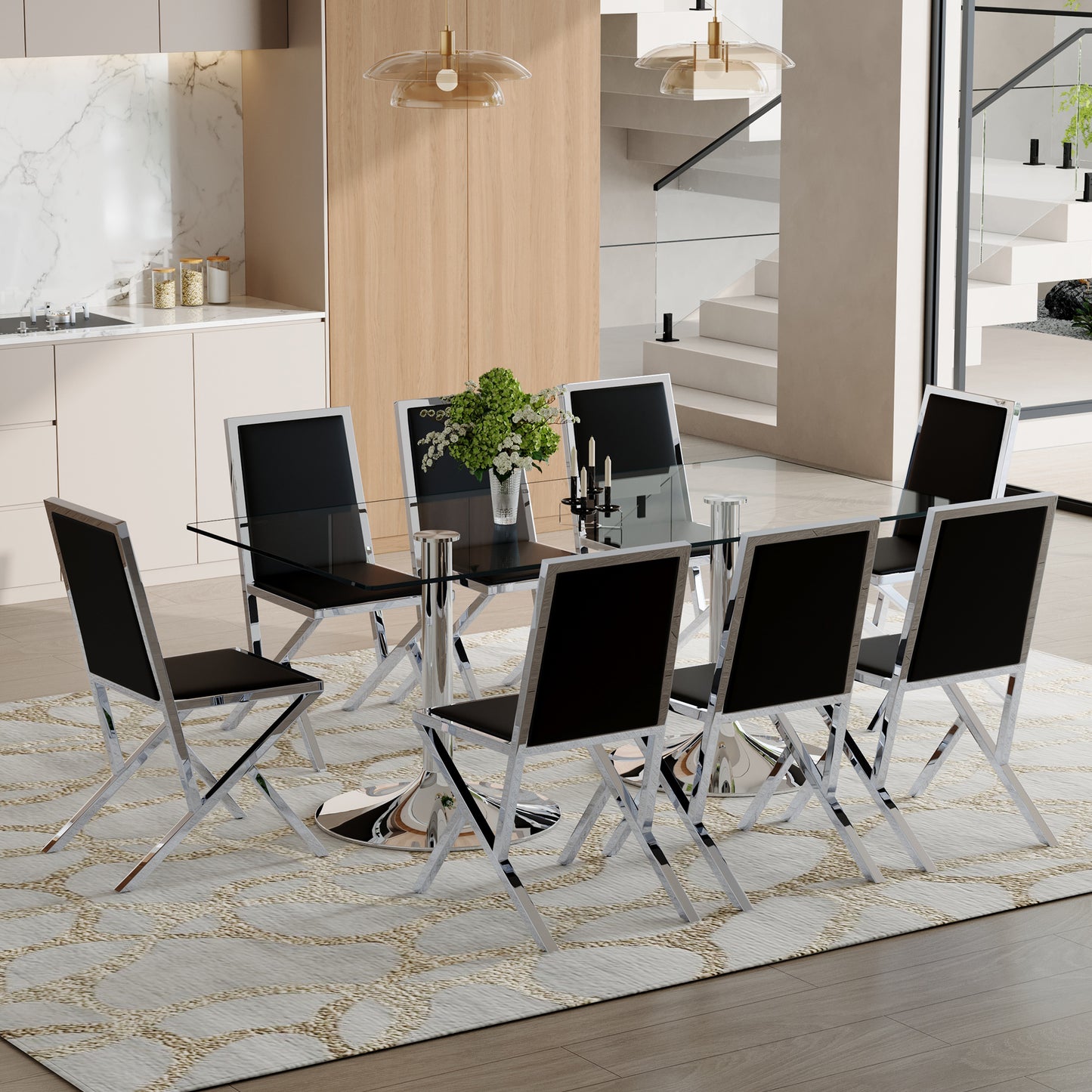 8 Person Glass Dining Table Set Black Silver