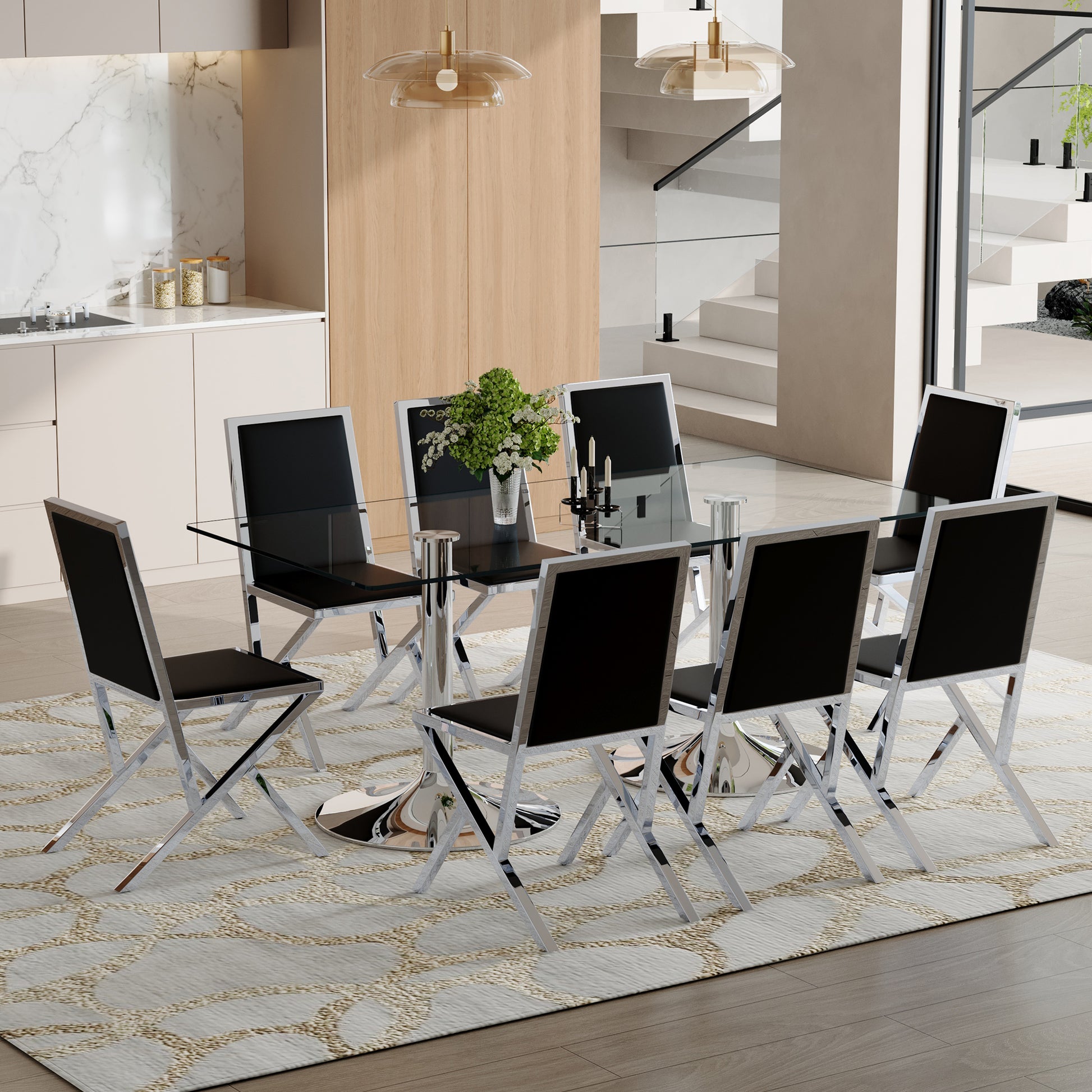 8 Person Glass Dining Table Set Black Silver