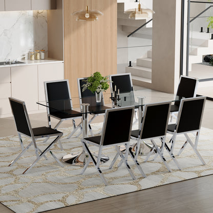 8 Person Glass Dining Table Set Black Silver