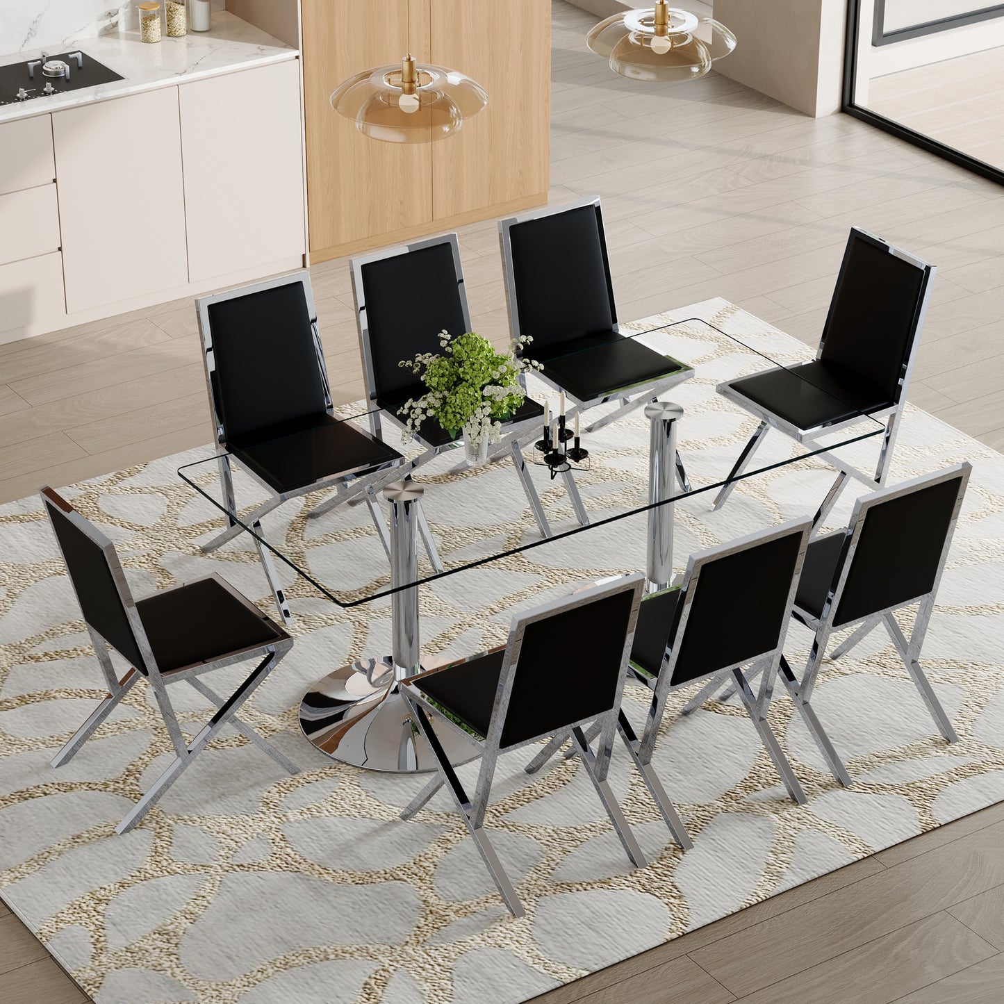 Table and chair set.71 x 35.4-inch tempered glass table,8 silver metal framed black PU dining chairs. Modern Kitchen Table & 8 Seater Dining Room Furniture Set for Family Gatherings.