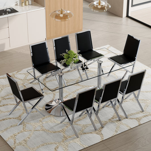 Table and chair set.71 x 35.4-inch tempered glass table,8 silver metal framed black PU dining chairs. Modern Kitchen Table & 8 Seater Dining Room Furniture Set for Family Gatherings.