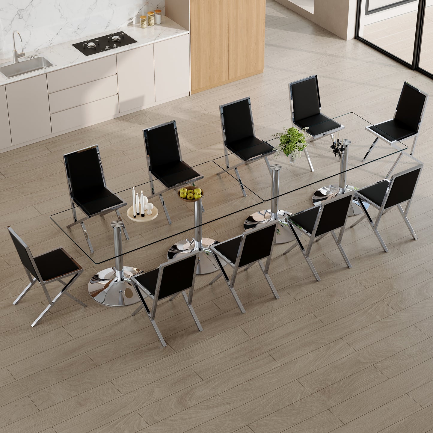 Table and chair set.Two 71 x 35.4-inch tempered glass tables,10 silver metal framed black PU dining chairs. Modern Kitchen Table & 10 Seater Dining Room Furniture Set for Family Gatherings.