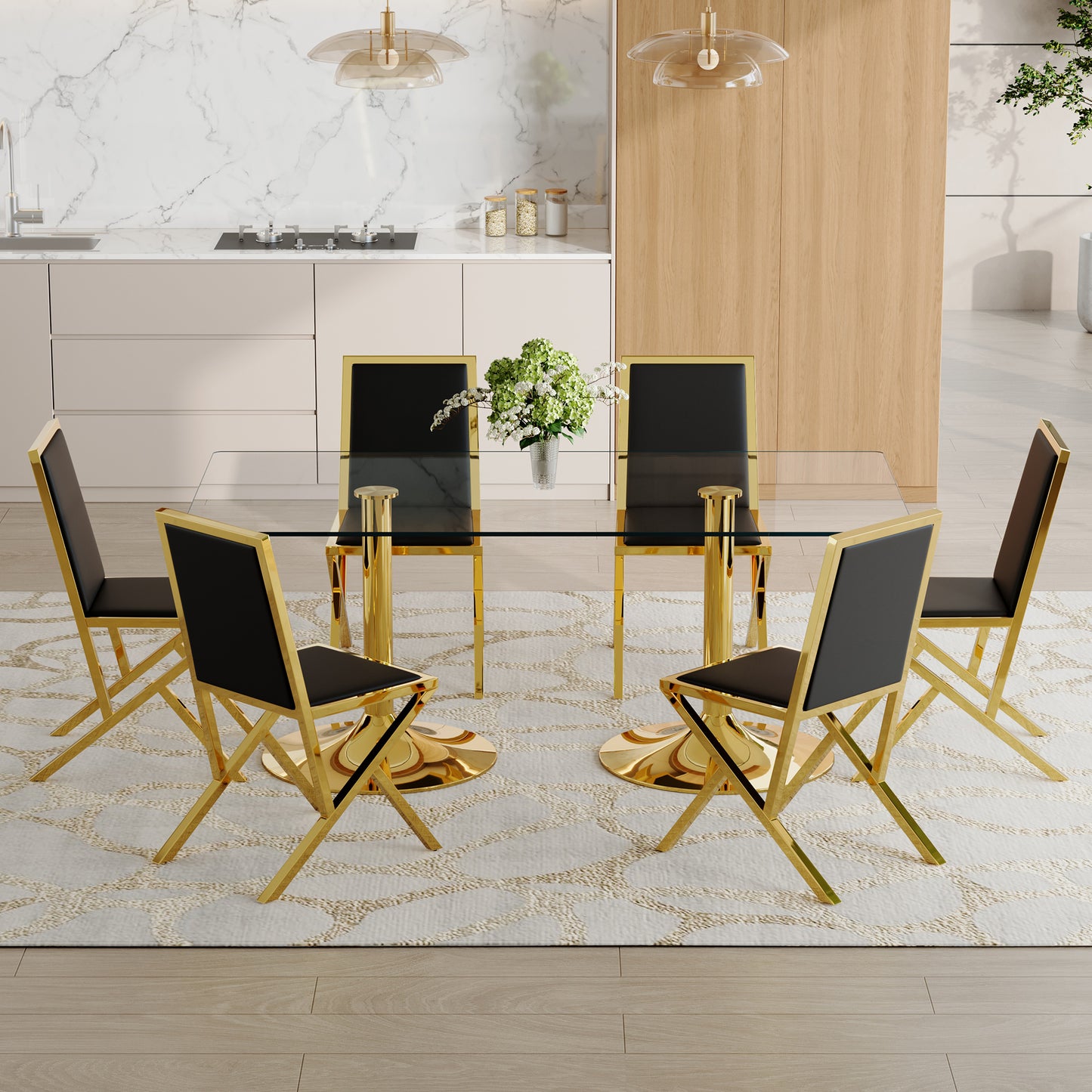 6-Person Black Gold Glass Dining Table Set