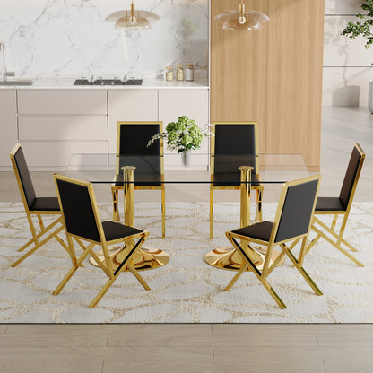 6-Person Black Gold Glass Dining Table Set