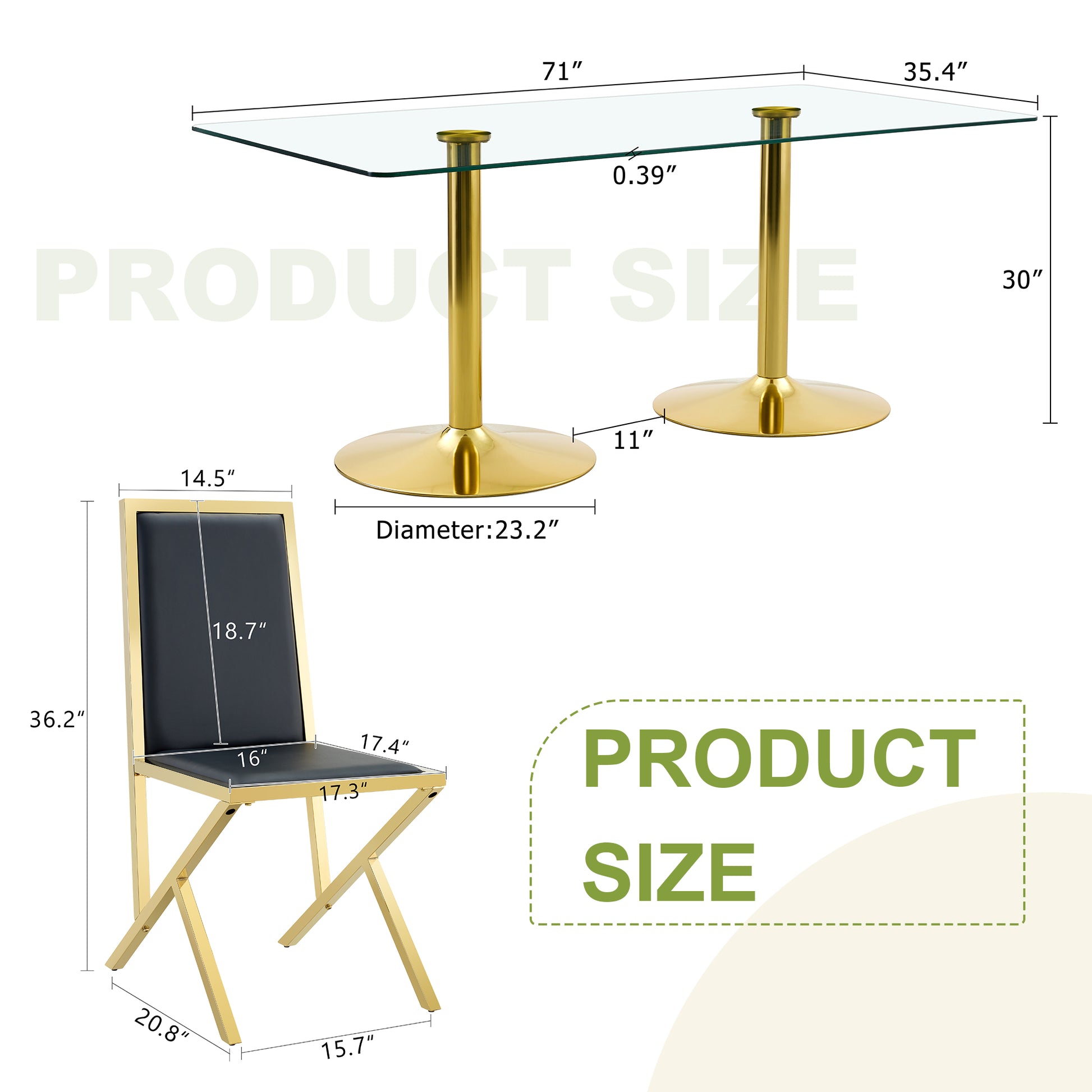 6-Person Black Gold Glass Dining Table Set