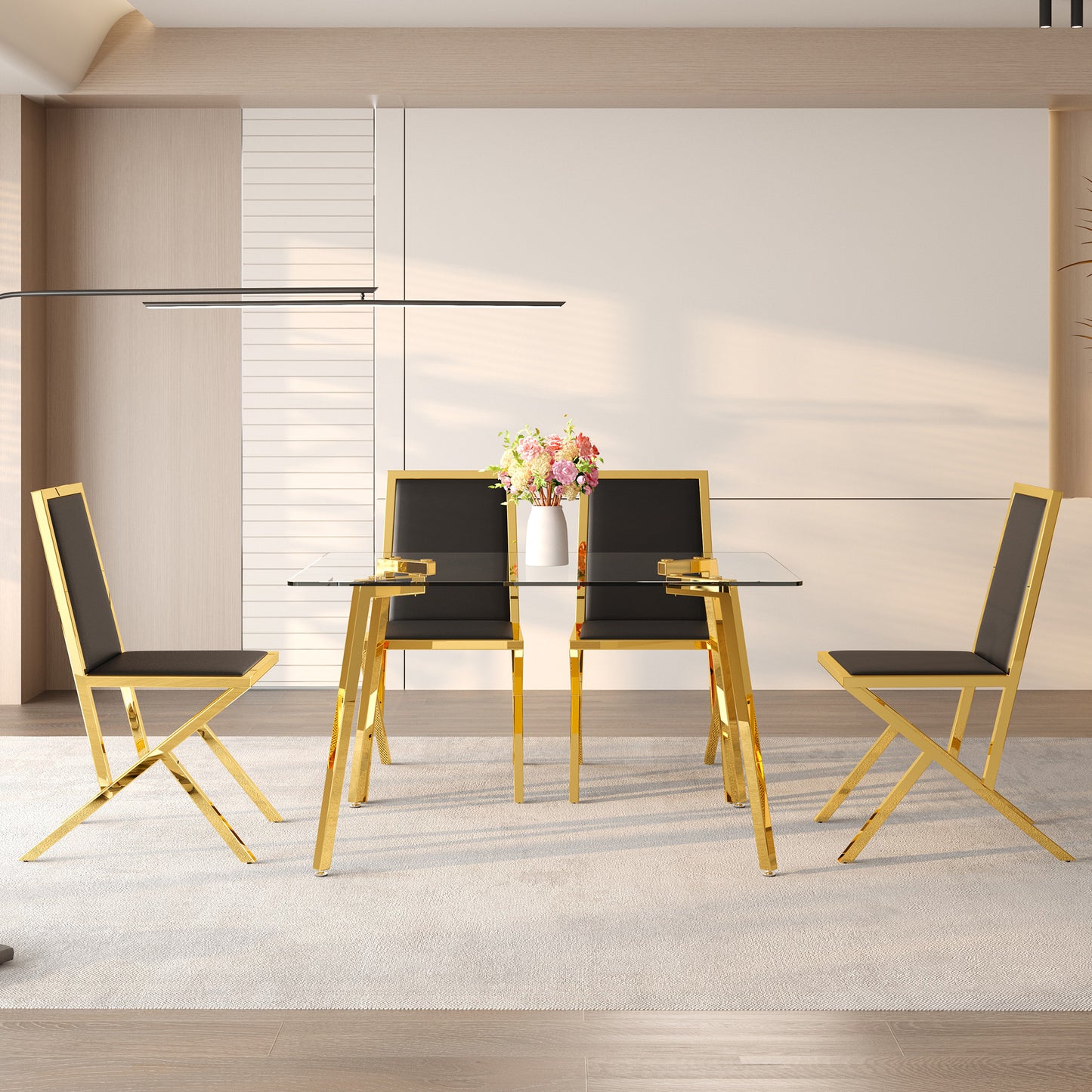 4-Person Black Gold Glass Dining Table Set