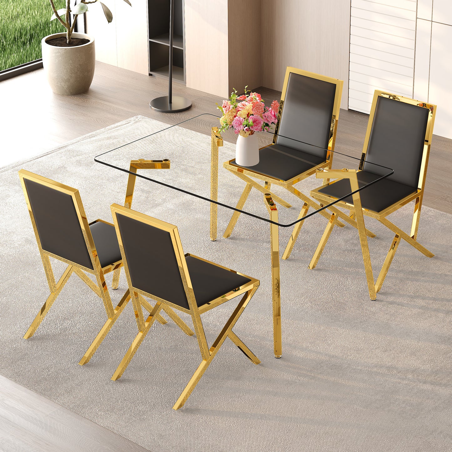 4-Person Black Gold Glass Dining Table Set