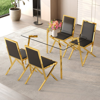 4-Person Black Gold Glass Dining Table Set