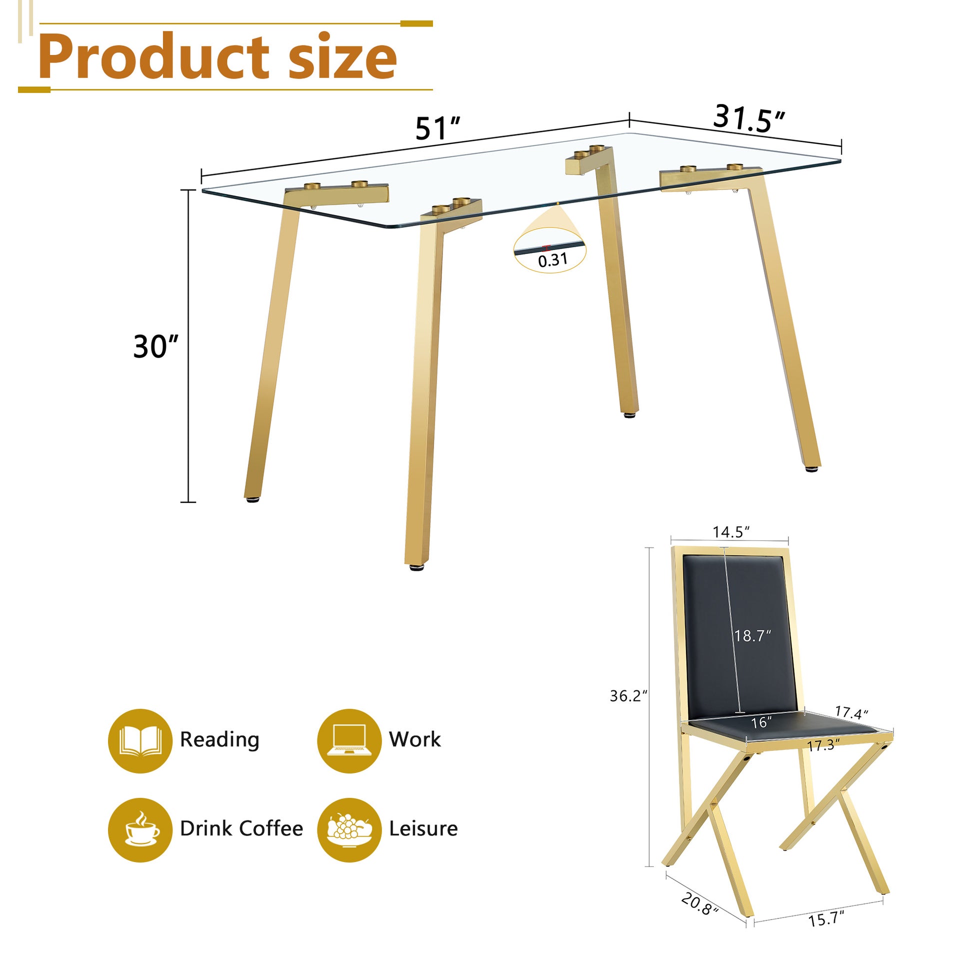 4-Person Black Gold Glass Dining Table Set